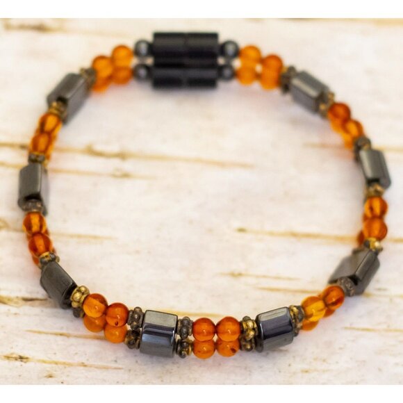 7 inch, Vintage Orange Beads Silver Tone Unique Magnetic Clasp Bracelet - B16 - Picture 2 of 3